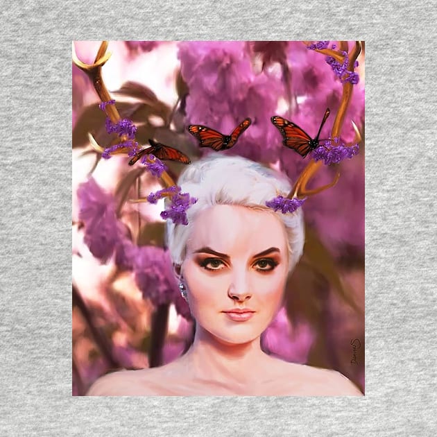 beautiful woman creature of the forest with antlers, flowers and butterflies by DamiansART